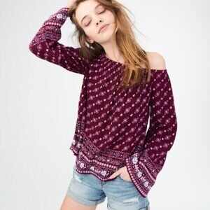Aeropostale Burgundy Long Sleeve Floral Cold Shoulder Boho Top Size Medium NWT